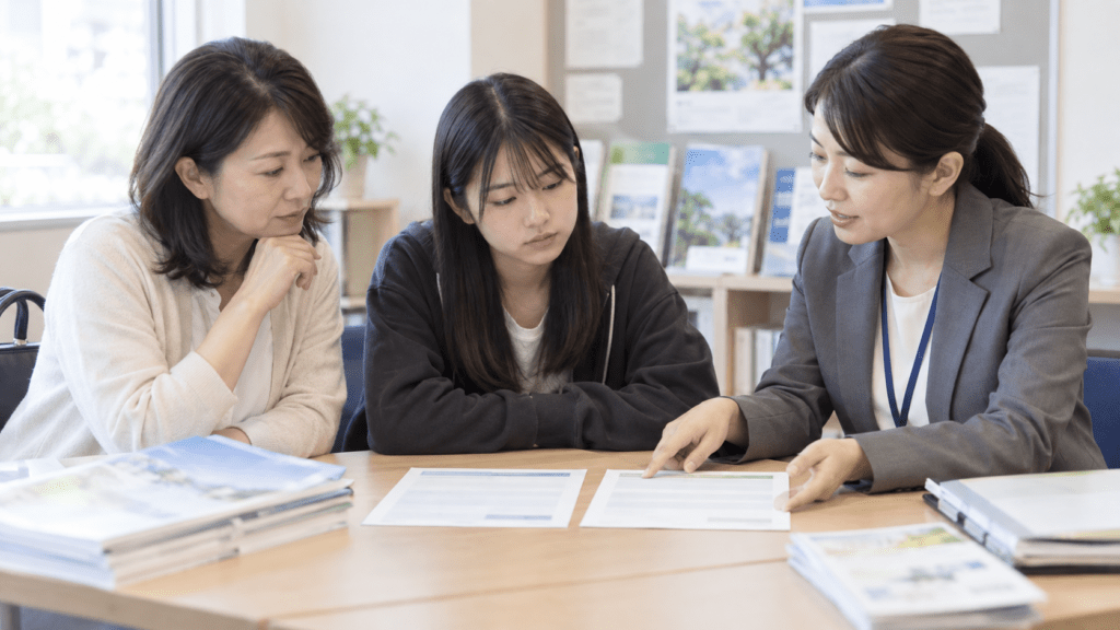 定時制・通信制高校の資料を見ながら進路相談する親子