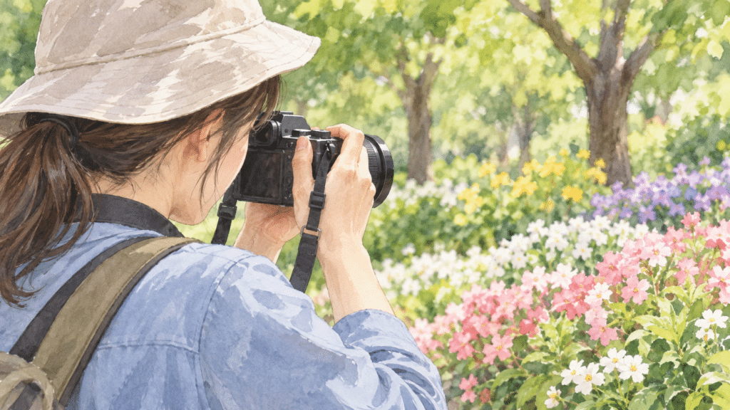 季節の草花をカメラで撮影する市民