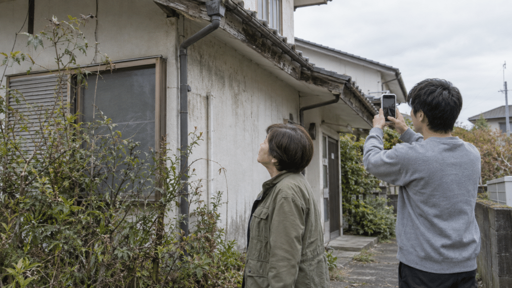 地上から空き家の外壁と軒先を確認して写真に記録する二人