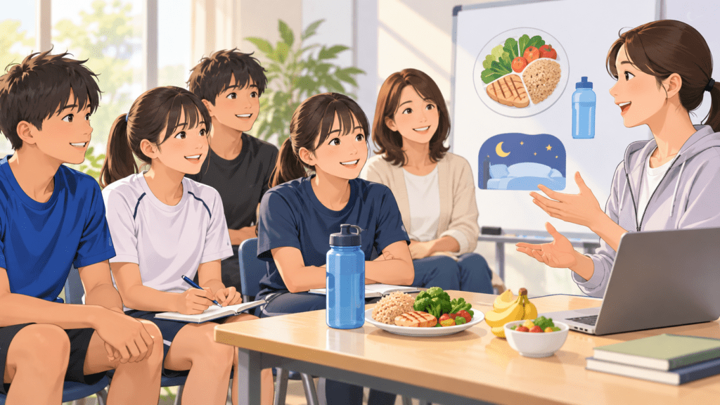 練習後に栄養や睡眠について学ぶ若いスポーツ選手と保護者