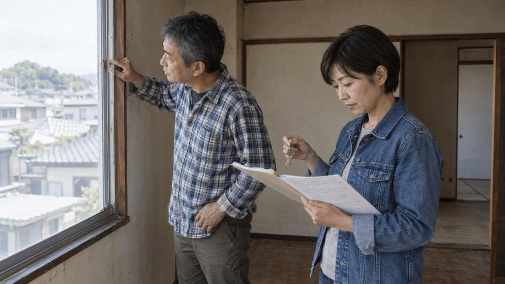 相続した家の室内で窓の状態と管理資料を確認する家族