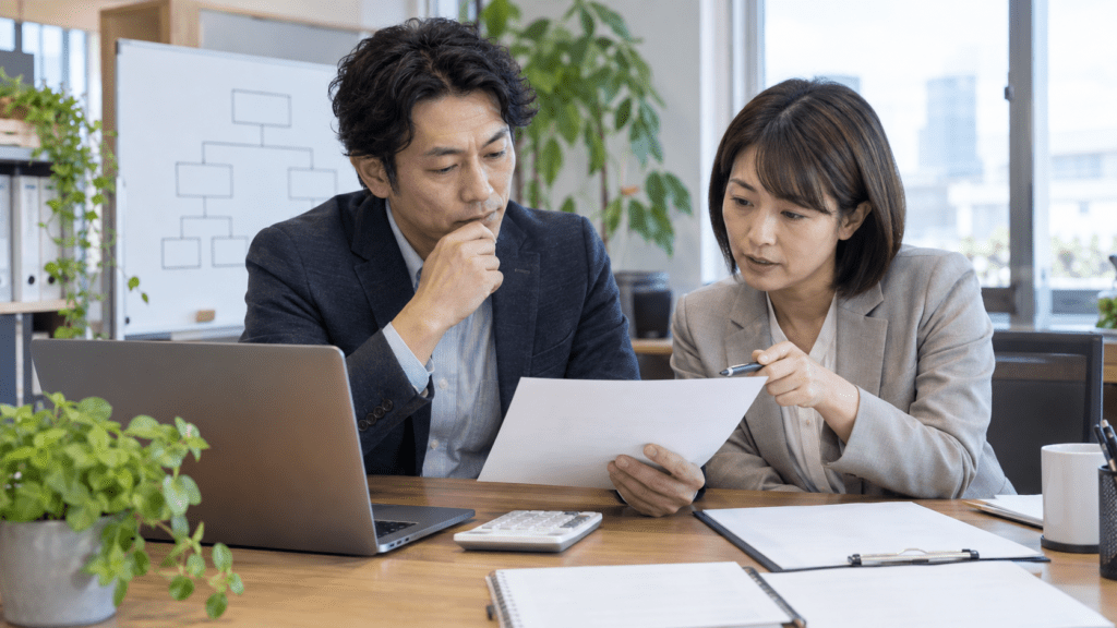 奨学金代理返還制度の資料を確認する企業担当者