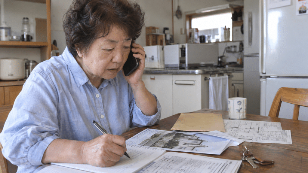 住宅の資料を手元に置いて空き家相談の電話をする人