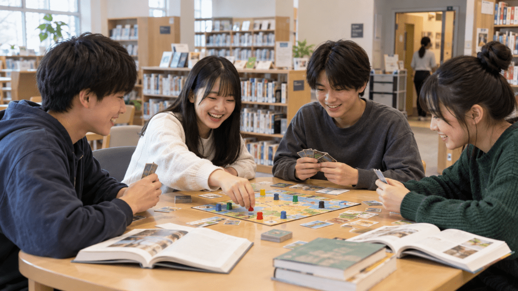 図書館でボードゲームを楽しむ10代の参加者