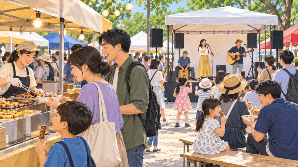 屋台とステージを楽しむ地域の祭りの来場者
