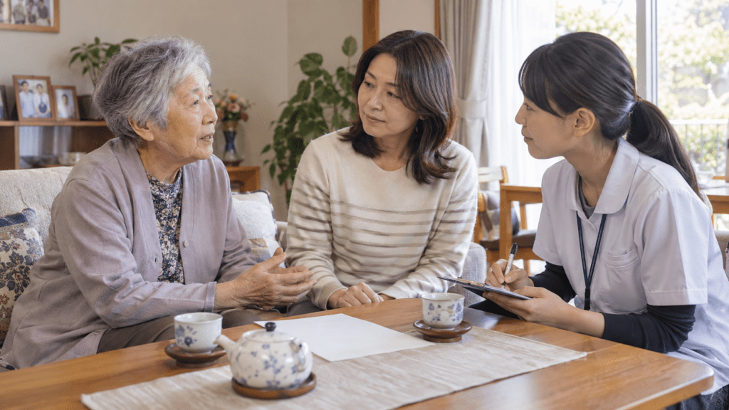 家族と医療職が在宅療養について話し合う様子