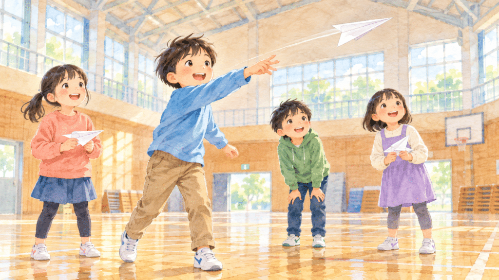 体育館で紙飛行機を飛ばす小学生