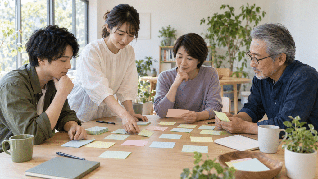 無地カードと付箋で考えを整理する受講者