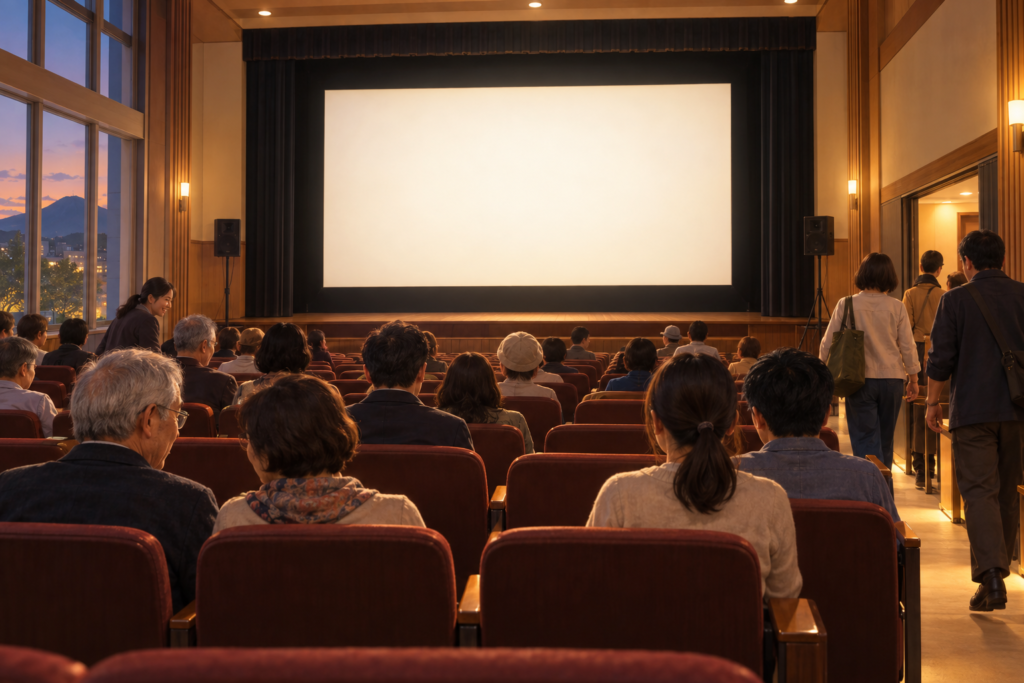 公共ホールのスクリーンと上映を待つ客席