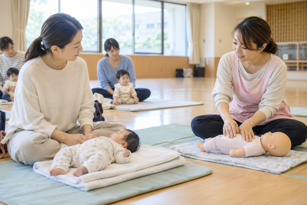 ベビーマッサージ講習で乳児と向き合う保護者と講師