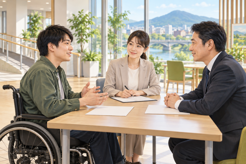 相談テーブルで案内資料を見ながら話す人たちの手元