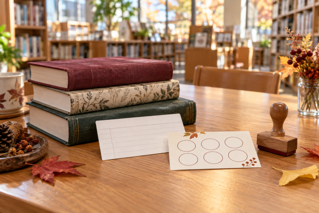 図書館の本と利用カード、スタンプ台紙を並べた机