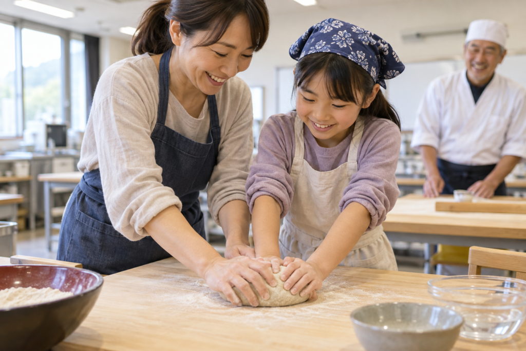 親子でそば粉をこねる手元と調理道具