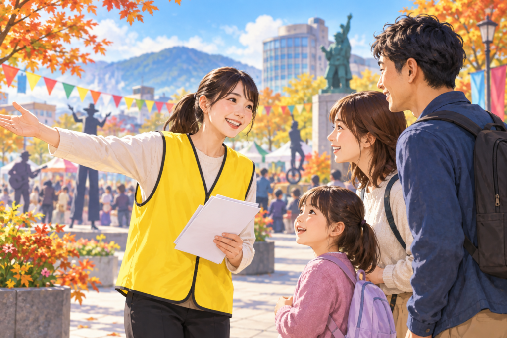 街なかの催し会場で来場者を案内するボランティア