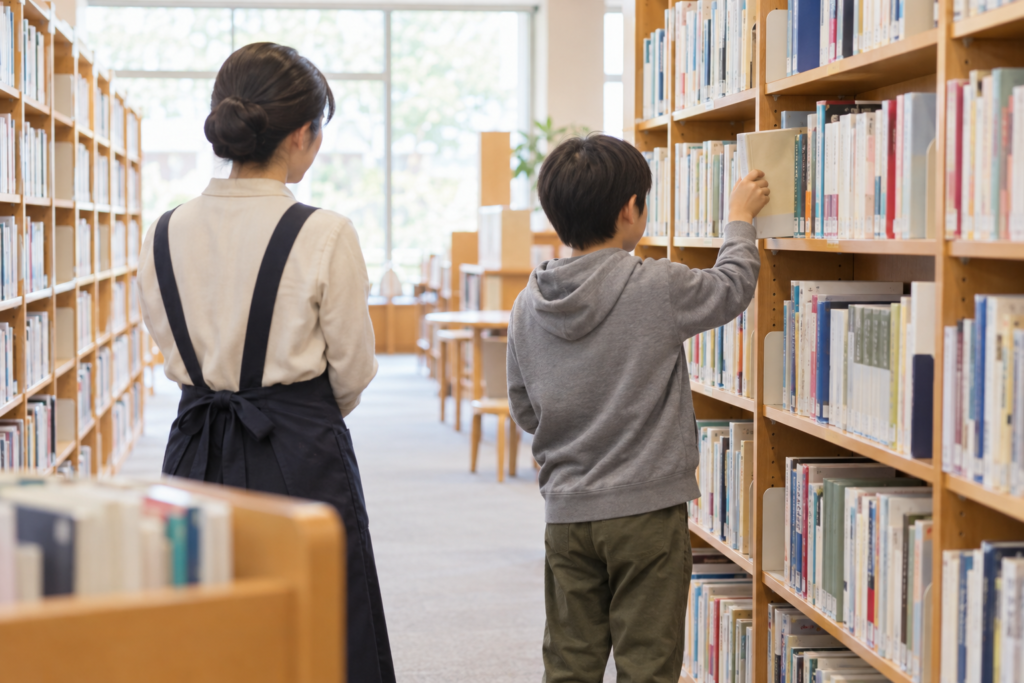 図書館の本を棚へ戻す仕事を体験する子どもの後ろ姿