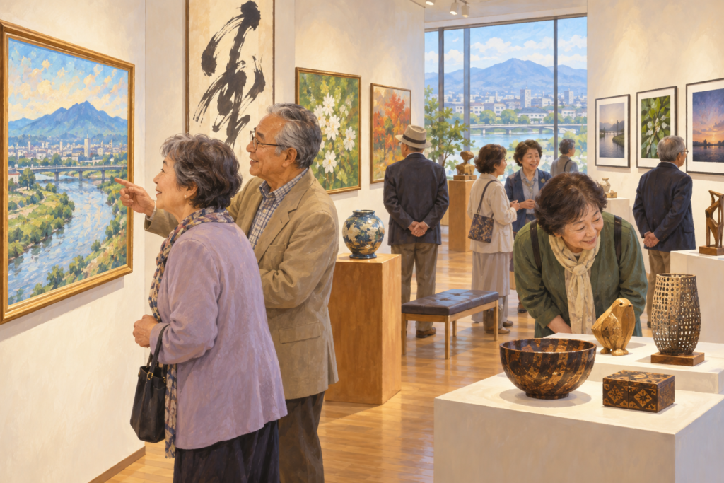 美術館で絵画や工芸作品を鑑賞する来場者の後ろ姿