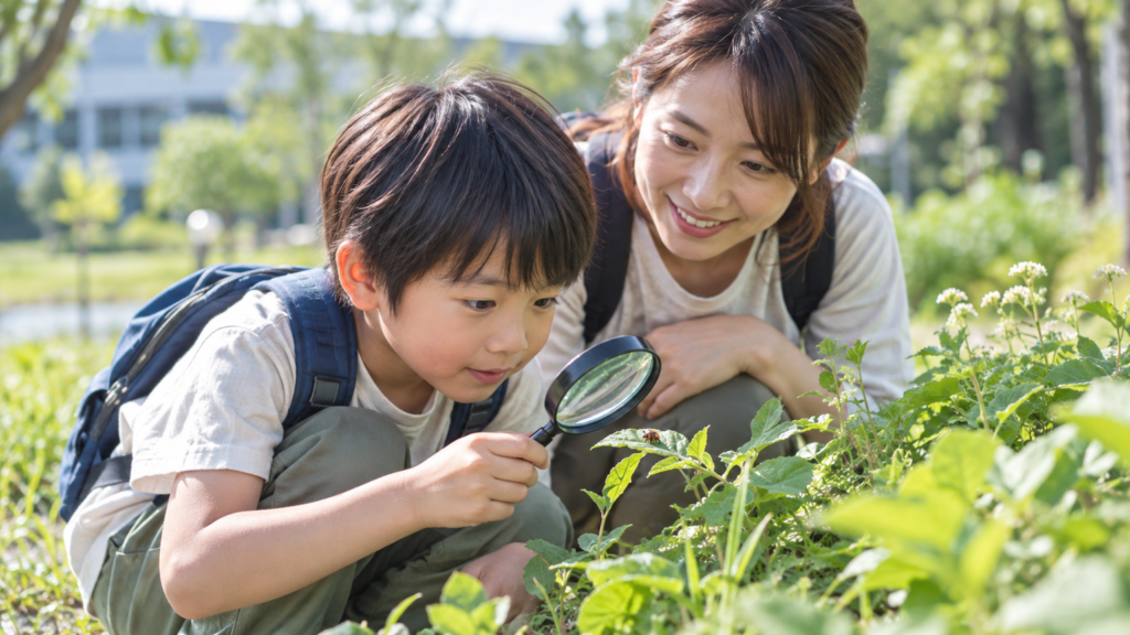 緑の多い屋外で親子が虫眼鏡を使って足元の植物や小さな生きものを観察する様子