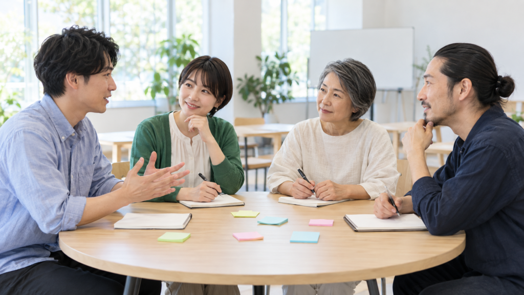 明るい研修室で年代の異なる参加者が円卓を囲み、付箋を使って意見を出し合う様子