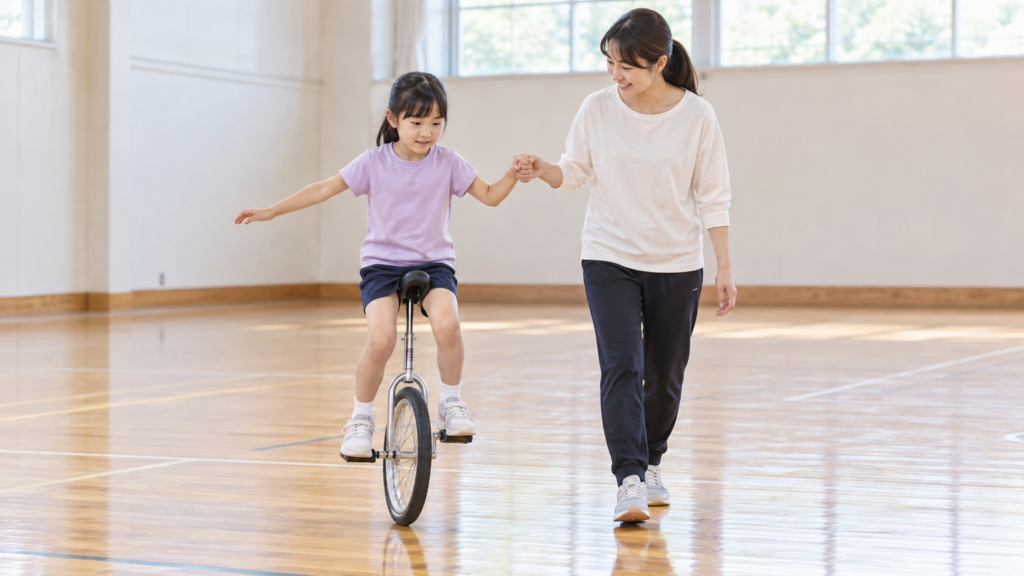 小学校の体育館で保護者に手を支えてもらいながら一輪車の練習をする小学生