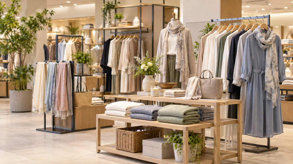 明るい商業施設の衣料品売場で落ち着いた色の服と生活雑貨が並ぶ店内イメージ