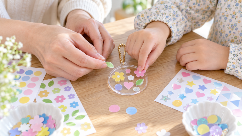 親子がテーブルで色とりどりの小さなシールを選び、透明なチャームを飾り付ける手元