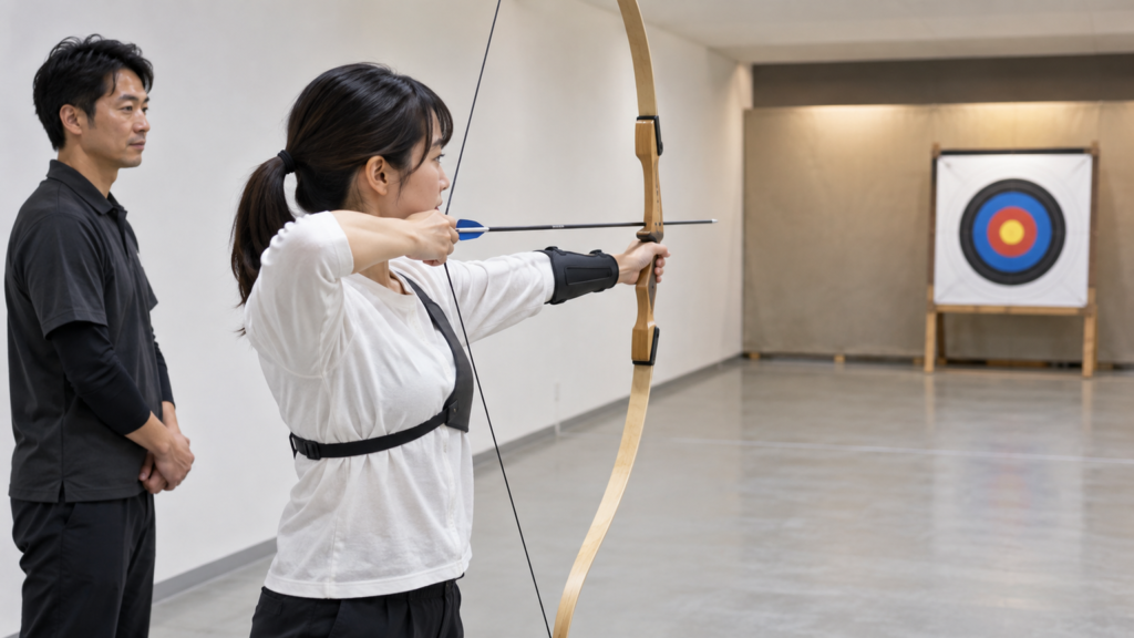 屋内練習場で初心者が指導者に姿勢を見てもらいながら弓を構える横向きの様子
