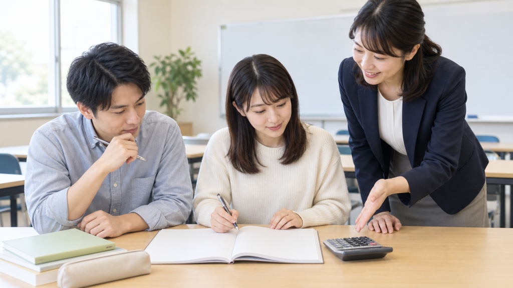 電卓と筆記具を使いながら調剤事務のテキストを学ぶ少人数の受講者