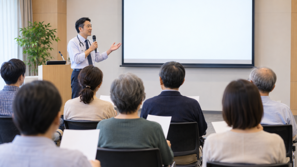 市民向け講座の会場で医師の説明を聞きながら資料を見る参加者たち