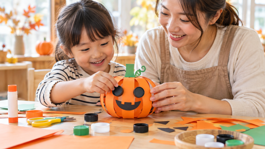 色紙とペットボトルのふたを使ってカボチャ飾りを作る親子の手元