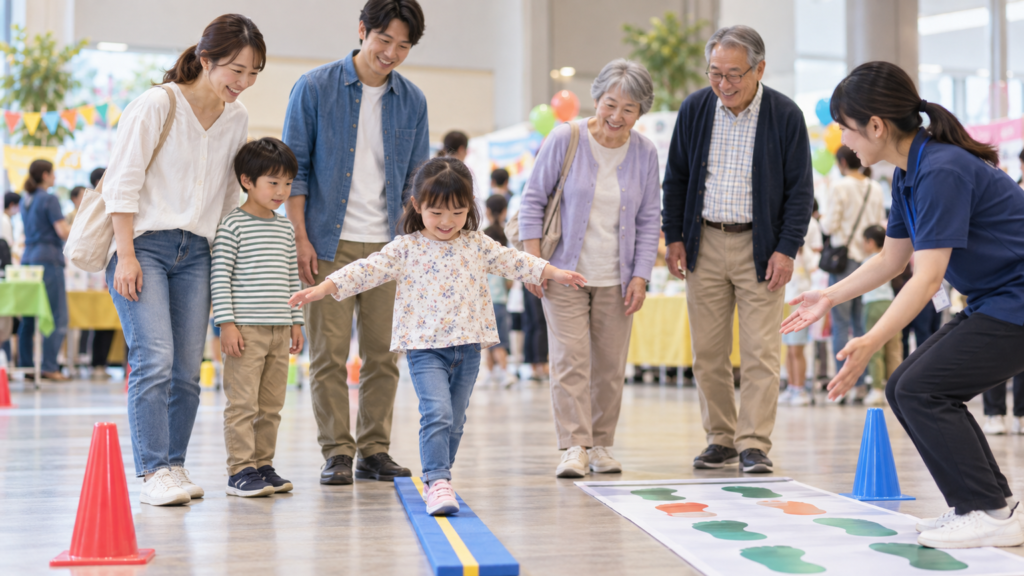 市民イベント会場で家族が歩行体験や健康測定のブースを巡る様子