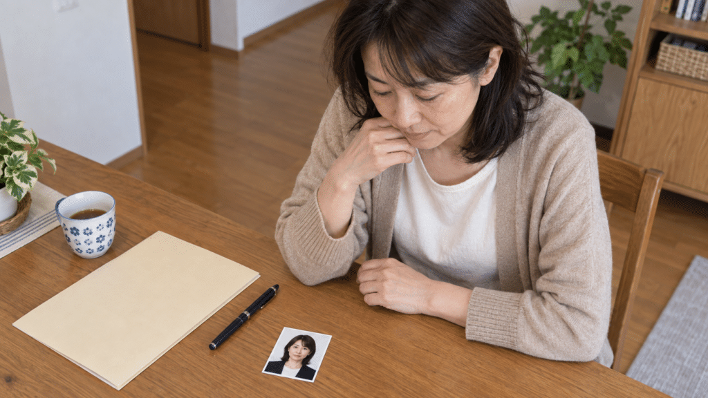 再就職に向けて応募書類と証明写真を自宅で確認するイメージ