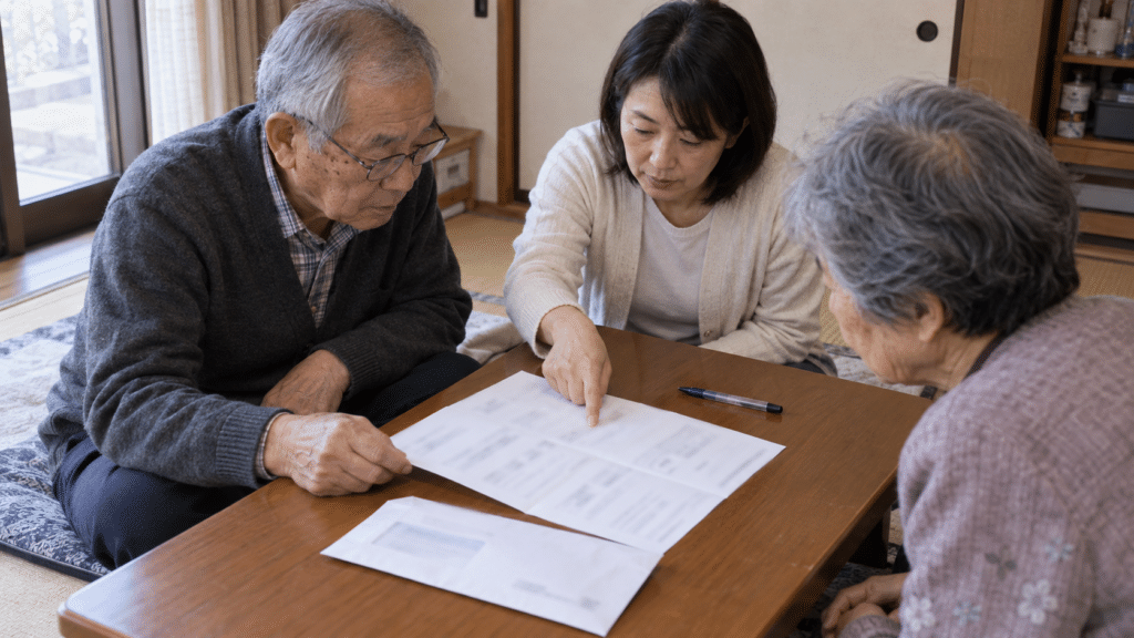 座卓で届いた書類を一緒に見る高齢夫婦と娘