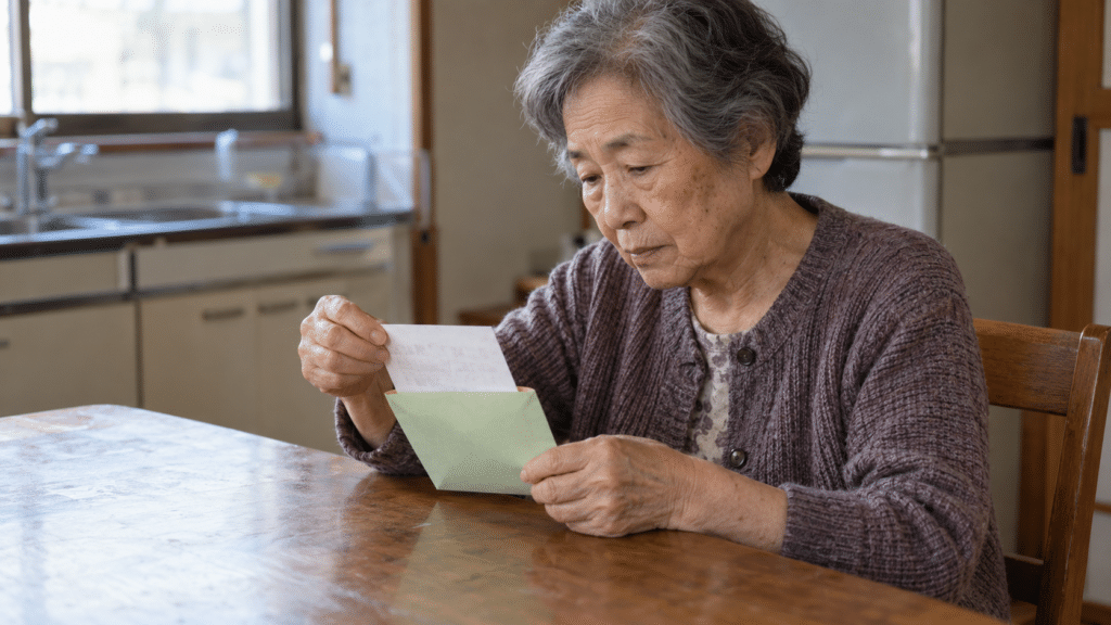 食卓で薄緑の封筒からはがきを取り出す高齢女性
