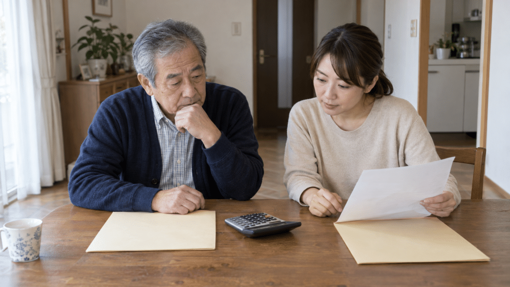 退職後の健康保険の手続きを家族と確認するイメージ