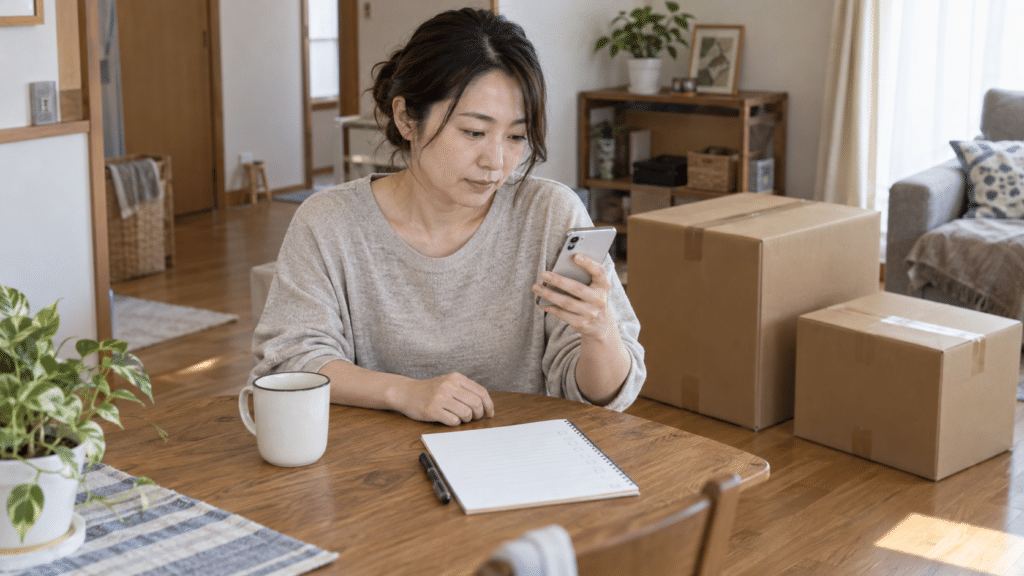 引越し前に自宅でスマートフォンを使って手続きを確認するイメージ