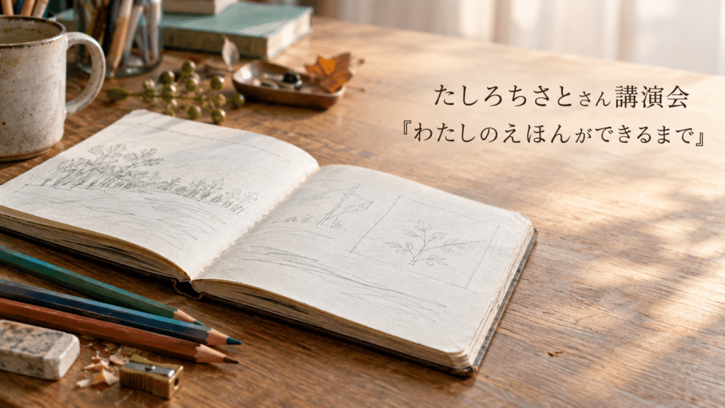 スケッチブックと色鉛筆を使った、たしろちさとさん講演会の案内画像