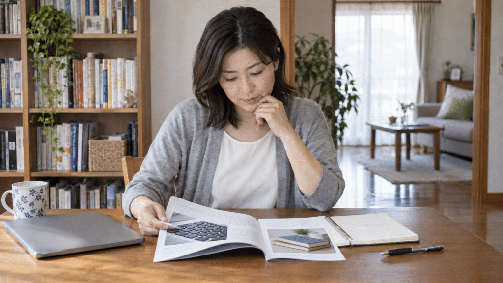 教育訓練給付の利用を考え、受講資料を確認するイメージ