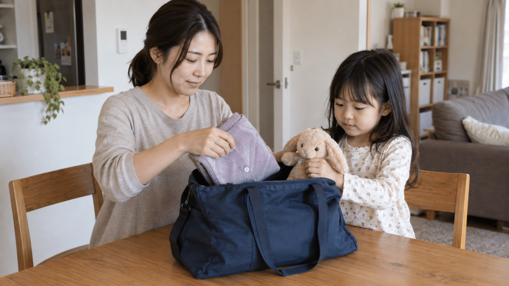 短期の預かりに備えて衣類とぬいぐるみを鞄に入れる親子の架空イメージ