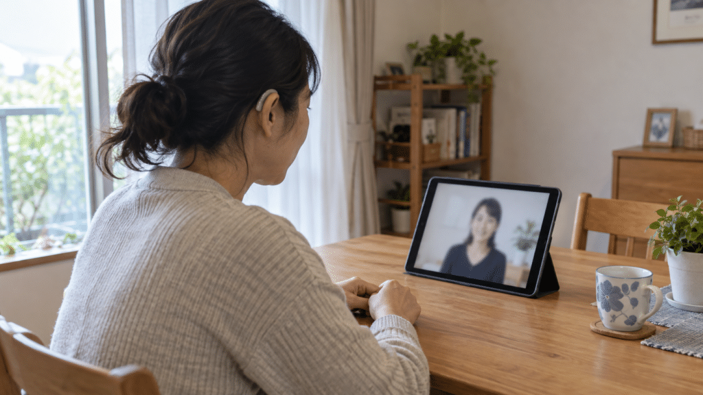 自宅でタブレットのビデオ通話を準備する女性の架空イメージ