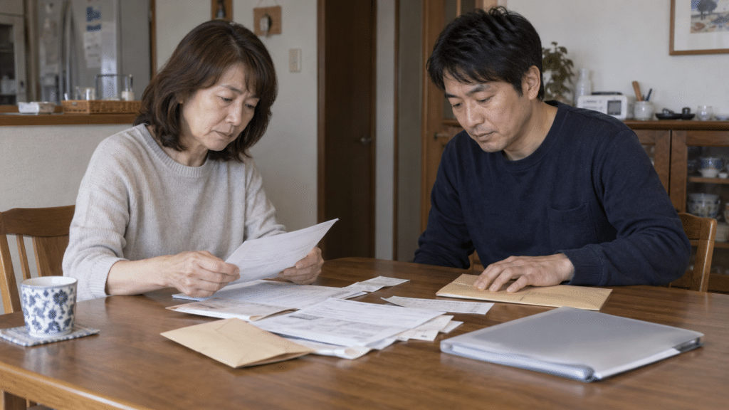 家族が収入や支払いの資料を仕分ける架空イメージ