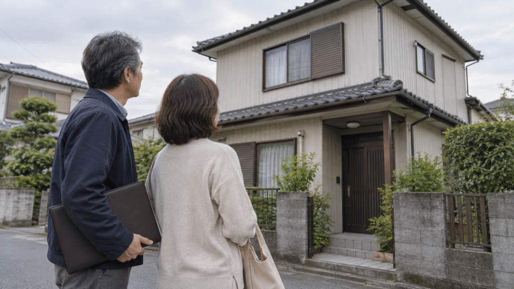 資料を手に住宅の外観を確認する家族の架空イメージ
