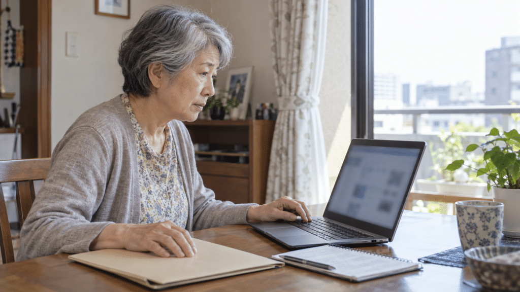 自宅で求人情報と求職用の資料を確認する女性の架空イメージ