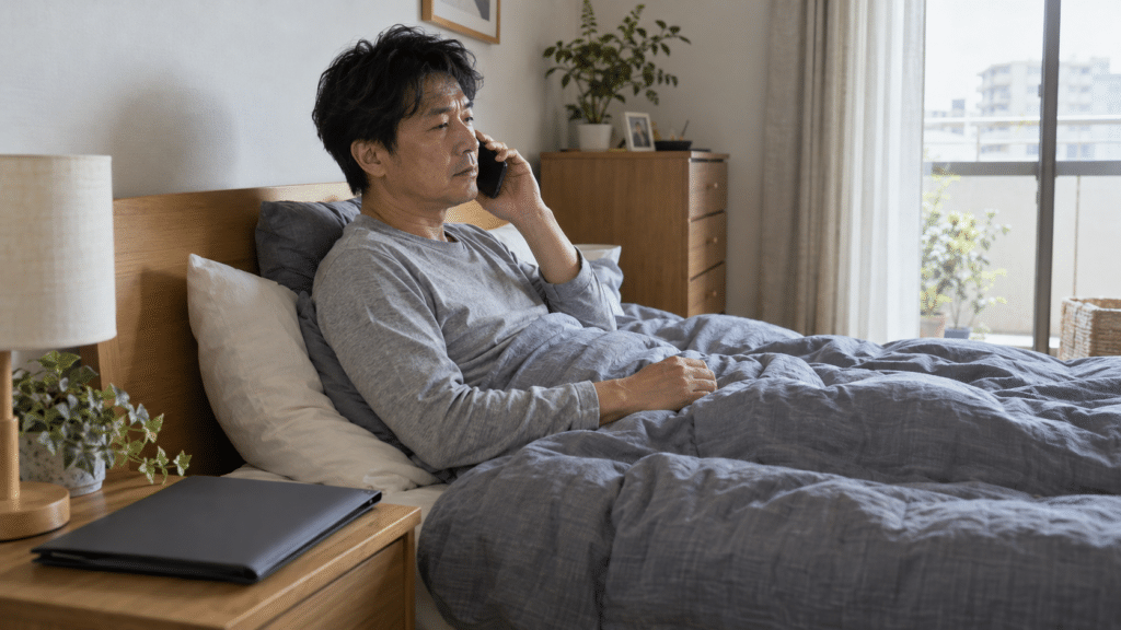 自宅で休養しながら休業の連絡をする男性の架空イメージ