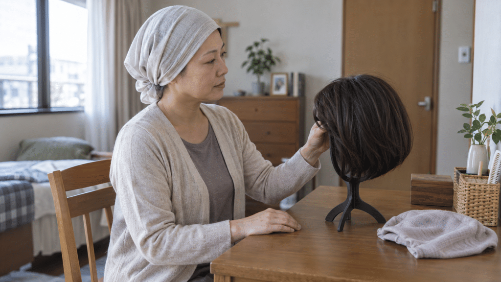 自宅でウィッグと帽子を確認する女性の架空イメージ