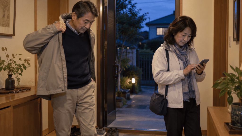 夕方の外出前に上着と予定を確認する家族のイメージ