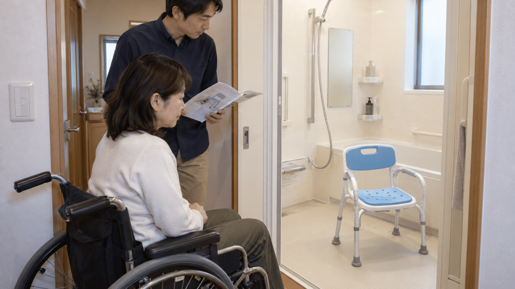本人と家族が浴室の入浴補助用具について相談するイメージ
