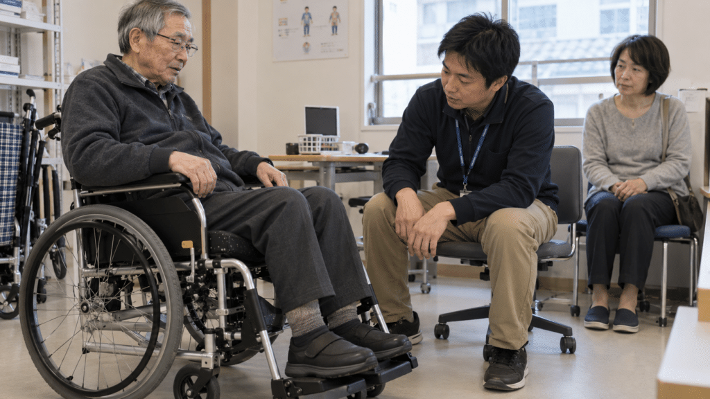 本人と家族が車いすの使い心地を用具の相談相手に伝えるイメージ