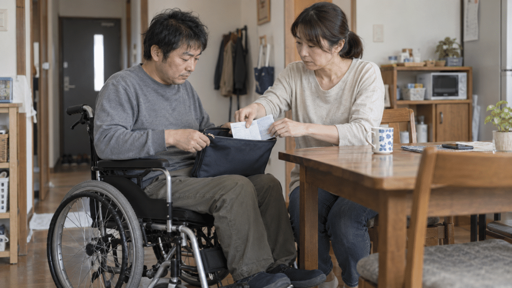 受診前に家族と医療の書類をかばんに整理する車いす利用者