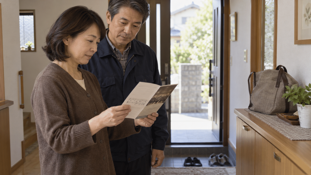 音楽公演へ出かける前に案内を確認する夫婦