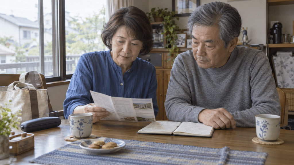 展示を見に行く日を案内とメモで相談する夫婦